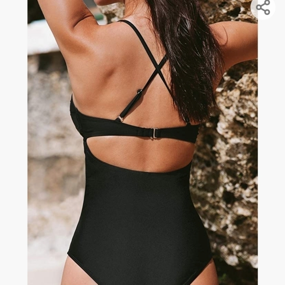 Misty Pearl Black One-Piece Swimsuit with White Lace Plunge - Picture 2 of 12